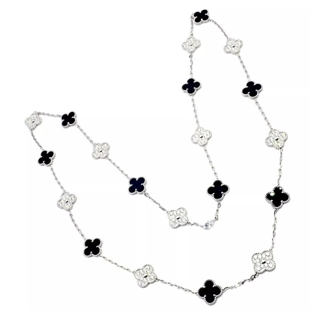 Van Cleef & Arpels 18k White Gold 20 Motif Alhambra Diamond Black Onyx Necklace
